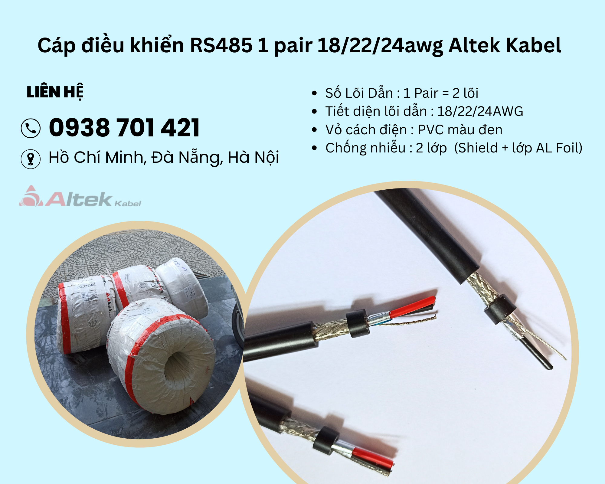 Cáp điều khiển RS485 1 pair 18/22/24awg Altek Kabel Quảng Bình, Đà Nẵng, Phú Yên